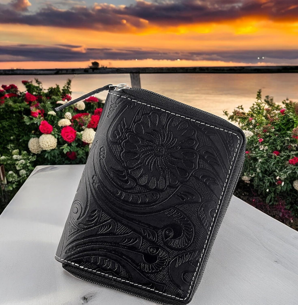 Passport Wallet - Travel Document Holder w/RFID Blocking – Full Grain Leather – Bifold compact zip around Wallet with Credit Card Slots for Women and Men, black floral,500-40