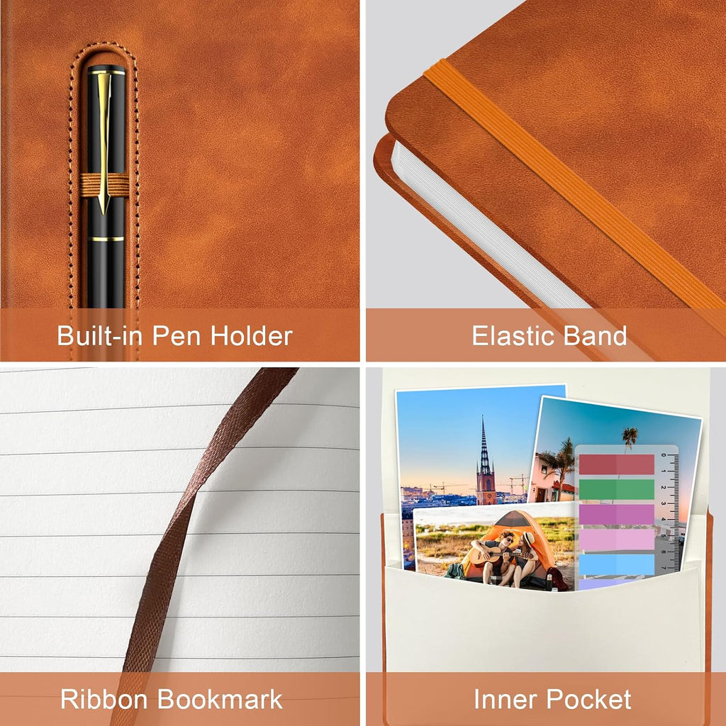 A5 Leather Notebook with Pen and Pen Holder, 224 Pages 100 GSM Thick Lined Paper Hardcover Journal for Men Women, College Ruled Daily Diary for Work Business School Travel- Brown