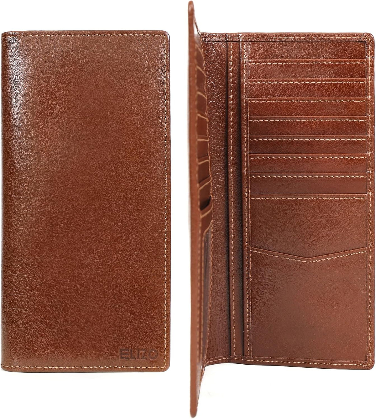 ELIZO Men's Genuine Leather Long Wallet - RFID Blocking Rodeo Checkbook Wallet | Western Bifold Wallet with 16 Card Slots, ID Window | Top Grain Leather Cowboy Wallet | Tequila