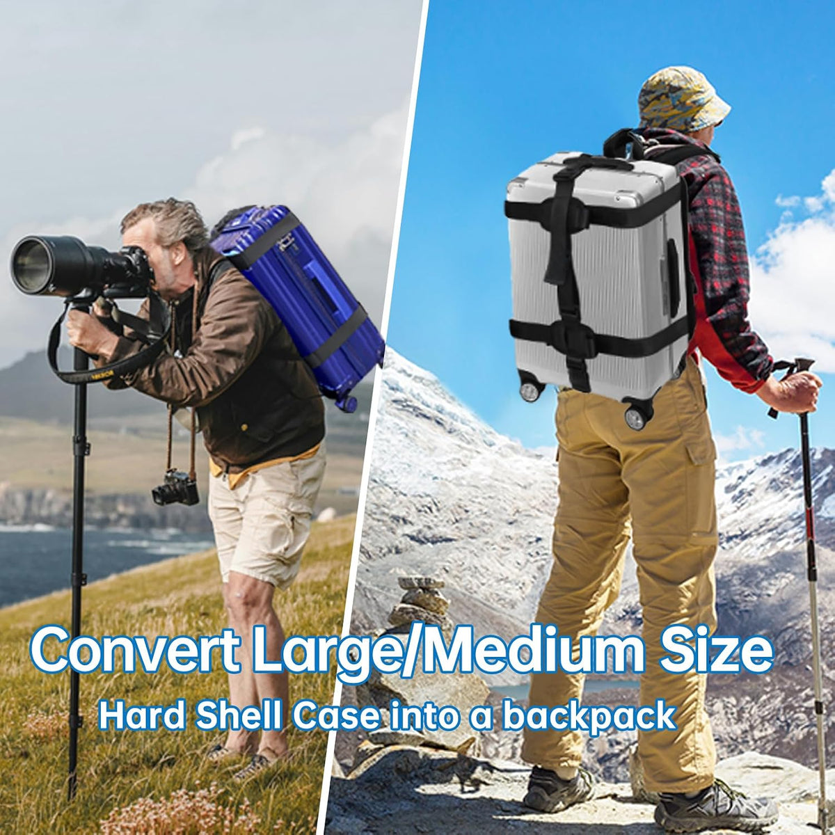 Heavy-Duty Backpack Carrying Straps System for 22-30 Inch Suitcase Luggage Hardcase for Adventure Travel Cobble Stone Streets Stair - L,Blue