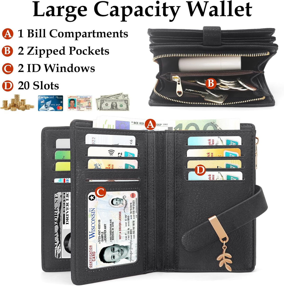 RFID Blocking Trifold Wallet for Women PU Leather Credit Card Holder Black