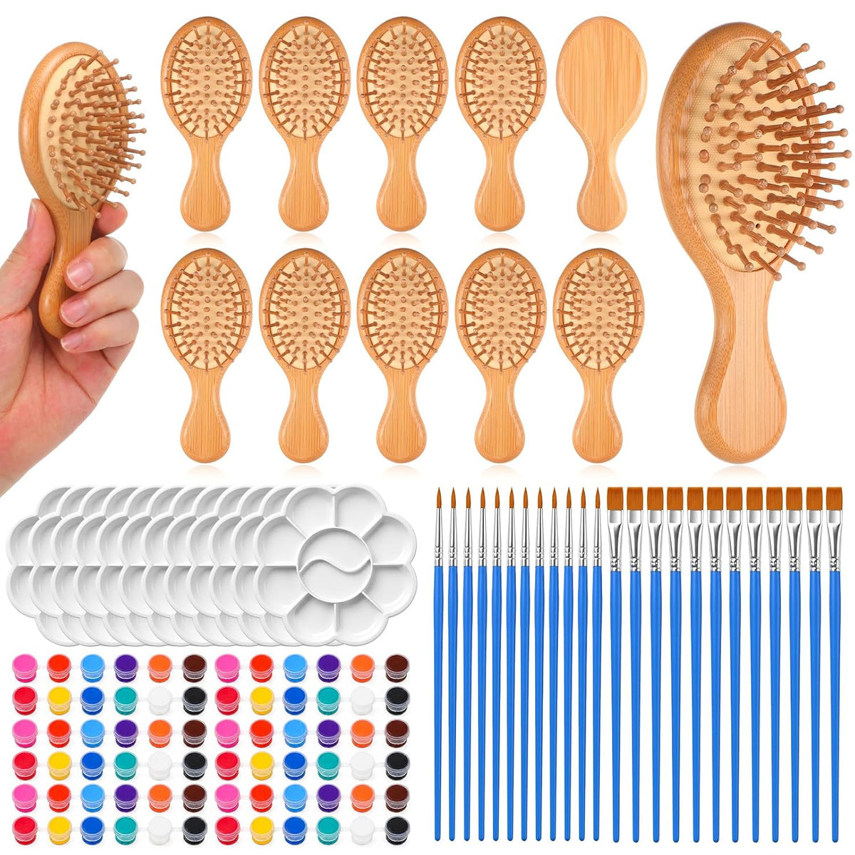 12 Set DIY Wooden Hairbrush Painting Kits, Mini Bamboo Hair Brush Bulk with Paint Brush and Palette, Hand Painted Crafts, Make Your Own Hair Brushes for Girls Hand Painted DIY Gift Party Crafts, Squar