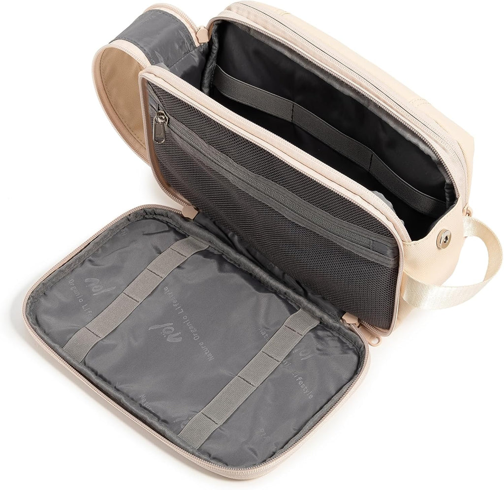 NOL Toiletry Bag for Men/Women, Water-Resistant Nylon Travel Organizer with Multiple Compartments, Flat-Open Makeup Cosmetic Bag with Dual Zippers & Side Handle, Shaving Dopp Kit for Toiletries, Cream