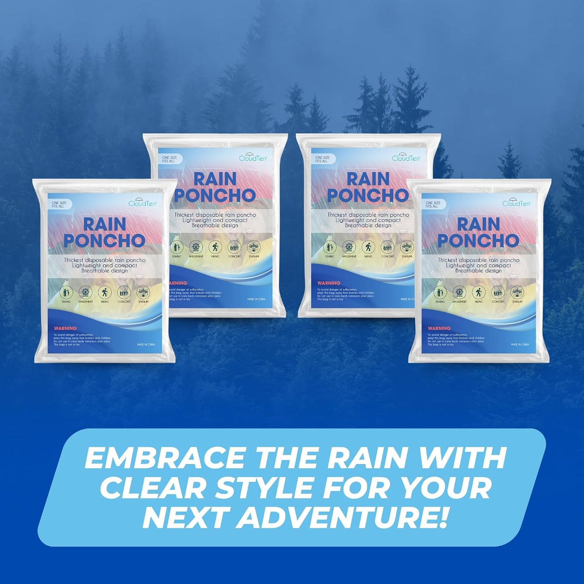 CloudTen Clear Rain Ponchos for Adults (4 Pack) | Thick and Compact Clear Disposable Rain Ponchos Family Pack - Camping Essentials and Good for Disney World Essentials