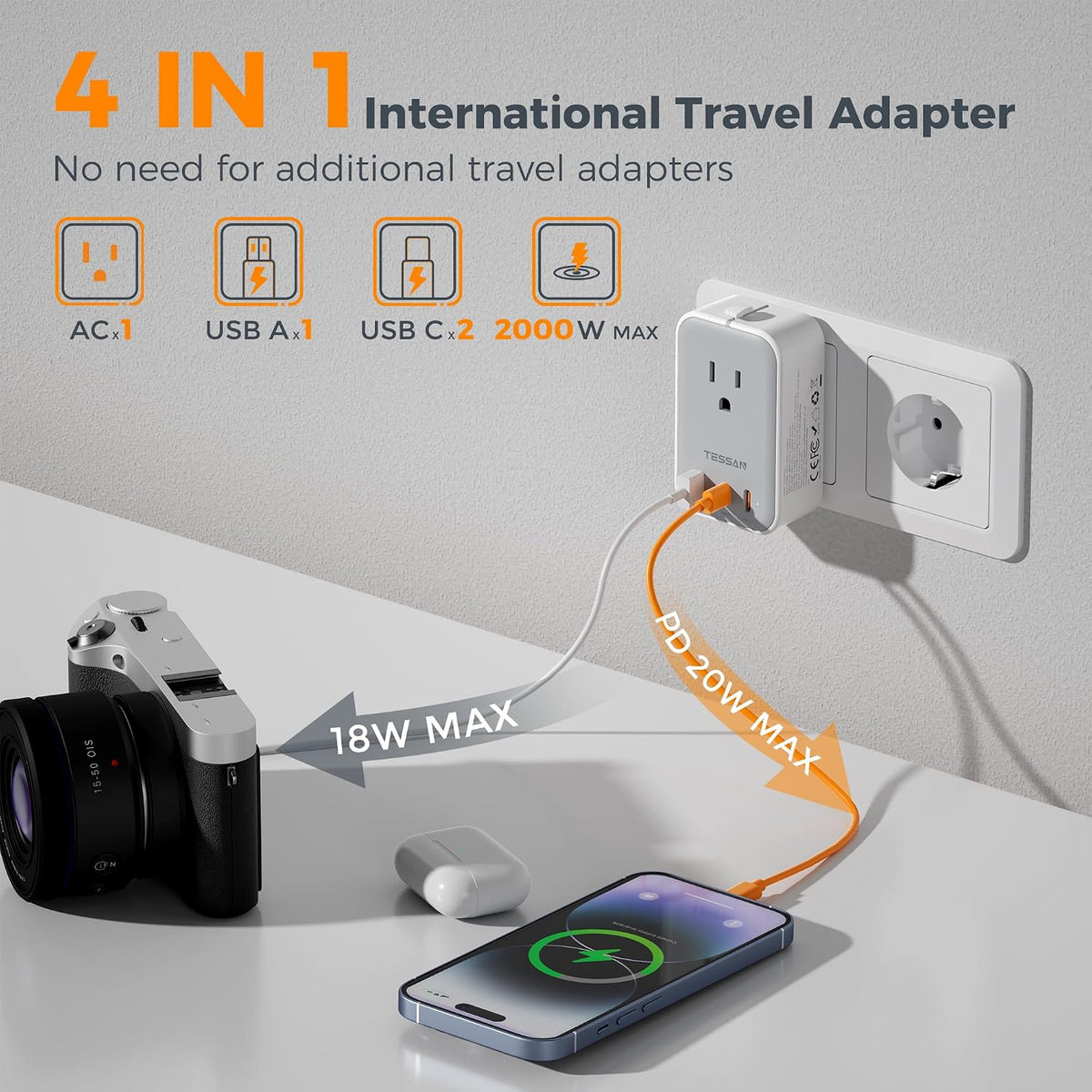 TESSAN Universal Travel Adapter, Grey