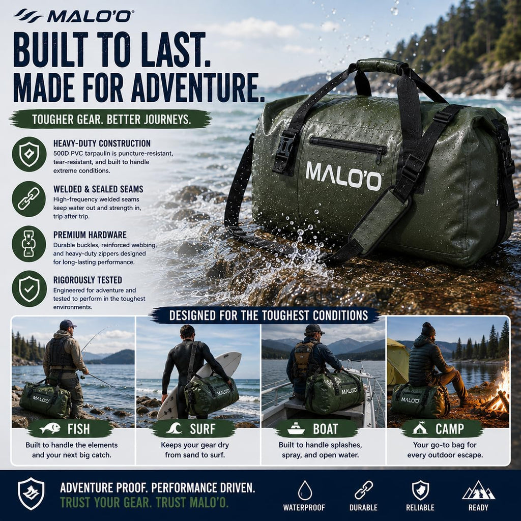 Malo’o Waterproof Dry Duffel, Heavy-Duty Roll Top Waterproof Gear Bag with Shoulder Strap & Molle Loops, Marine Duffel for Kayaking, Boating, Camping, Beach & Travel, Dark Green, 60L