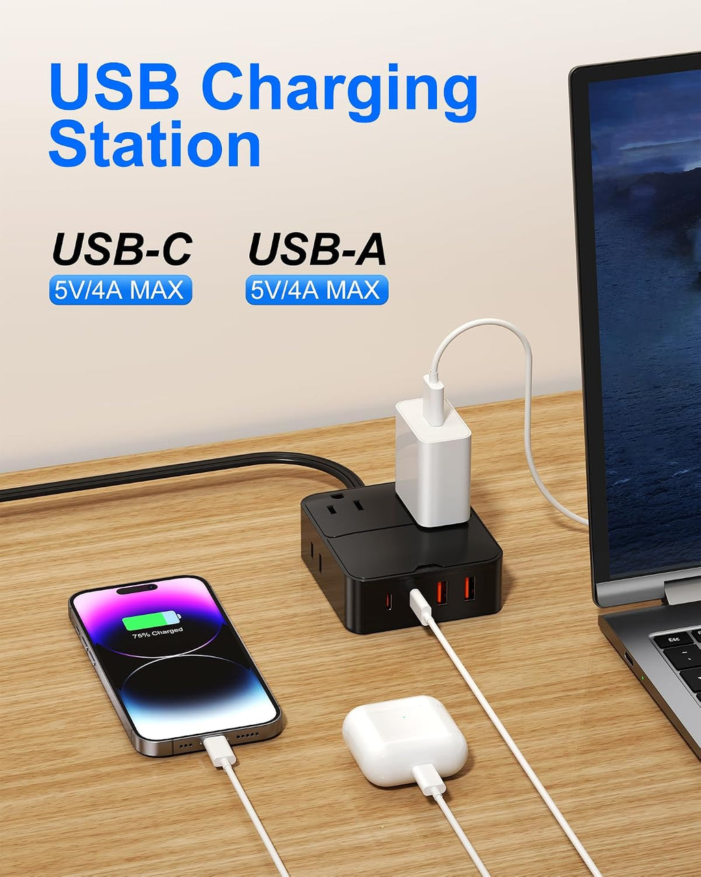 Flat Plug Power Strip with USB Ports - 4 AC & 4 USB Ports (20W), 6Ft Extension Cord with Multiple Outlets, Fast USB Charging Station for Travel Office Dorm Room (Black)