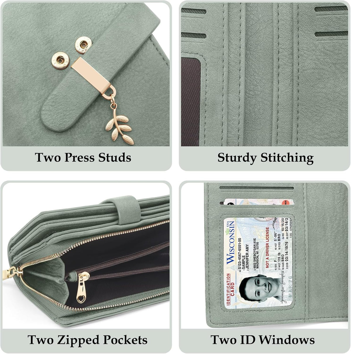 RFID Blocking Trifold Wallet for Women PU Leather Credit Card Holder Green