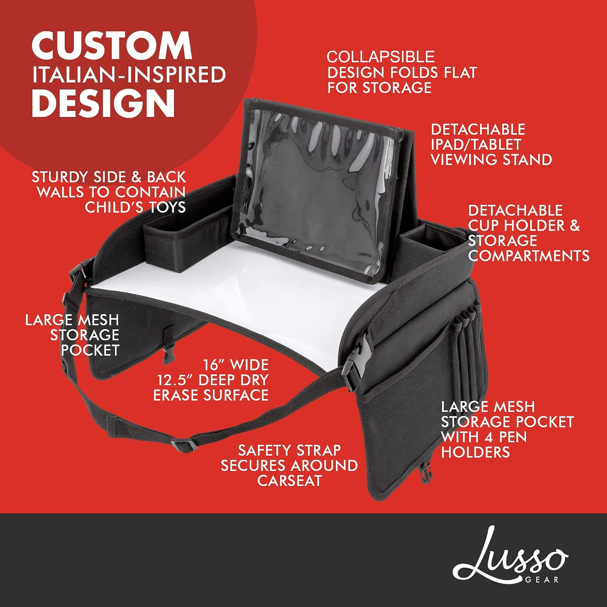 Lusso Gear Kids Travel Tray with Dry Erase Board (Black) + Car Seat Protector (Black), Road Trip Essentials Kids, No-Drop Tablet Holder, Lap Desk, Cup Holder, Toddler Toy Storage, Fits Airplane
