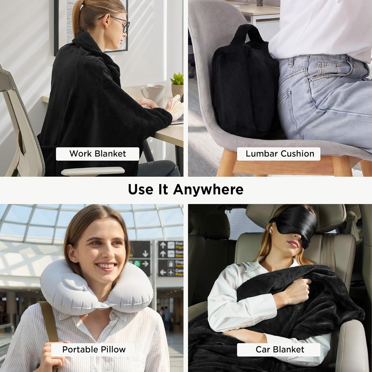 Bedsure Travel Blanket Set with Inflatable Neck Pillow and Eye Mask, Black