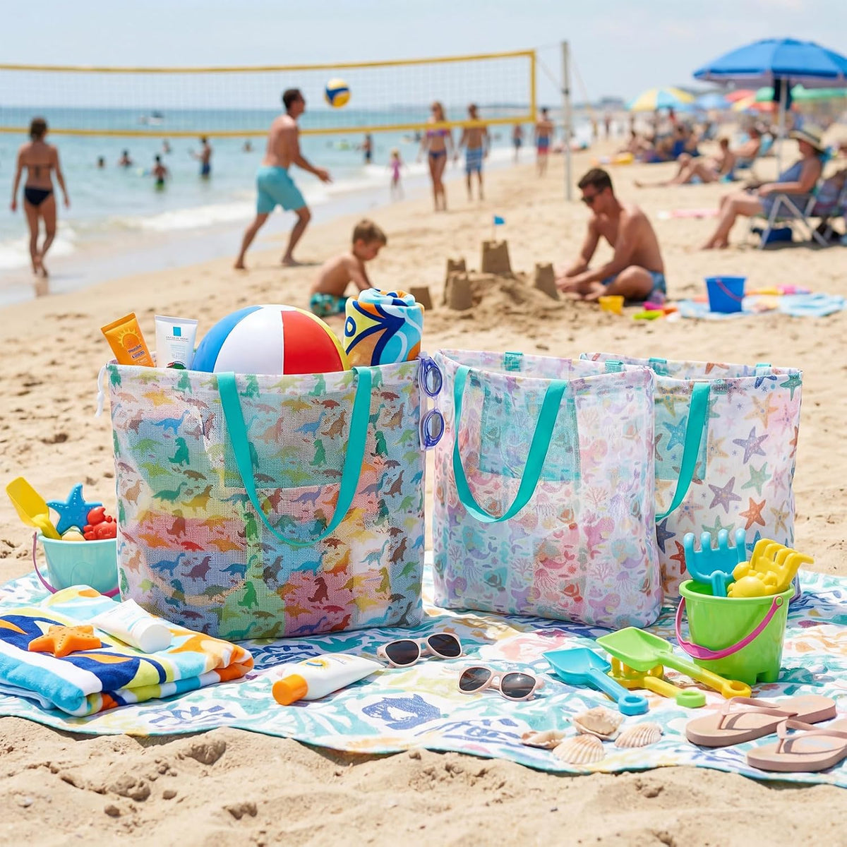 3 Pcs 3 Pcs Mesh Beach Bags Portable Mesh Shower Beach Toy Bag With Drawstring Extra Large Tote Hanging Toiletry Bath Organizer for Camping Swimming Gym Travel (Muti Color,Animal Style)