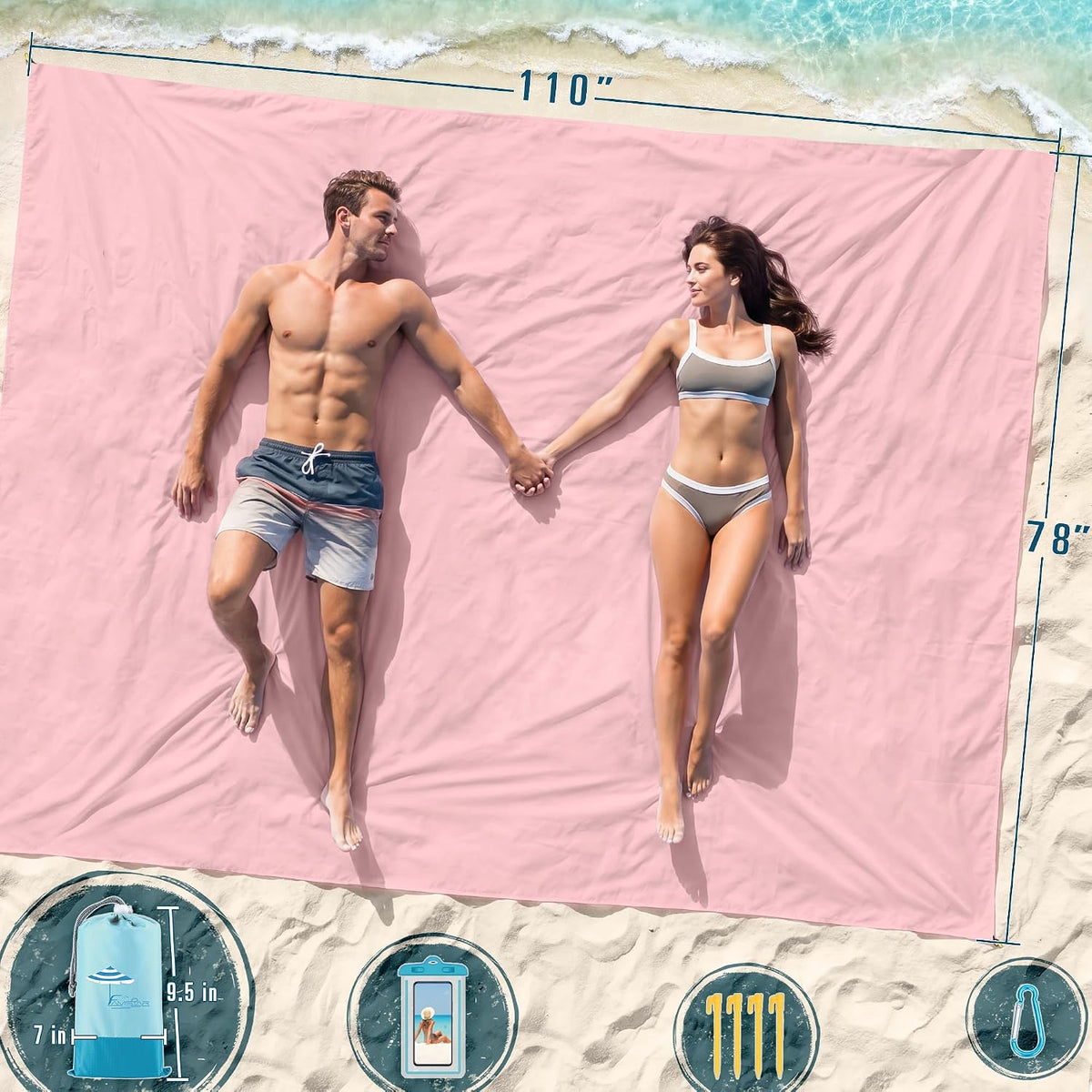 Beach Blanket Sandproof Waterproof Oversized 78"x81"/10'x9' Compact mat