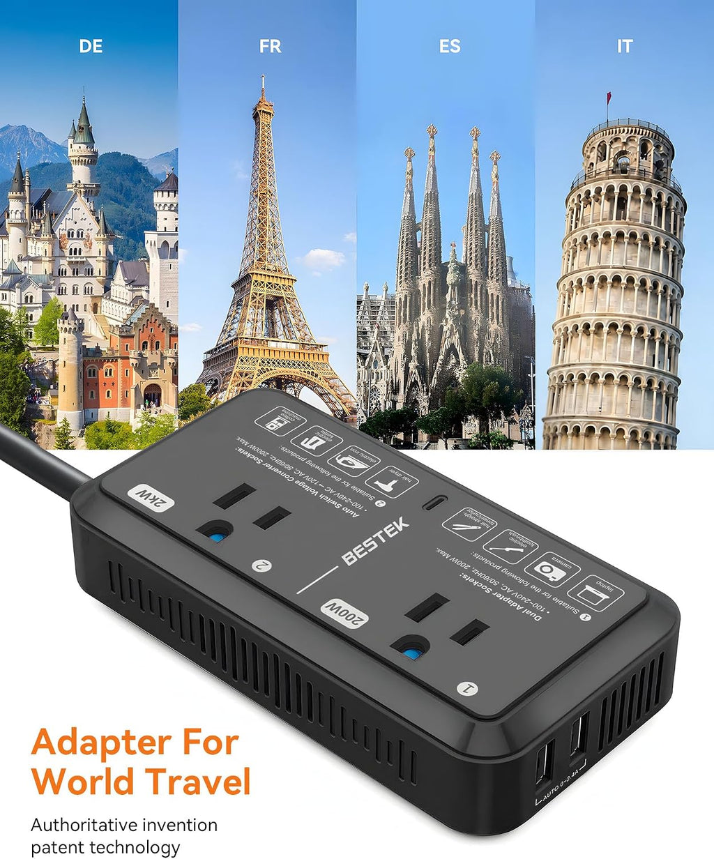 European Travel Plug Adapter 220V to 110V Voltage Converter US to Europe 2000W Travel Voltage Converter with 2 USB Ports for Hair Dryer/Curling Iron/Phone Travel Adapter for Europe Countries