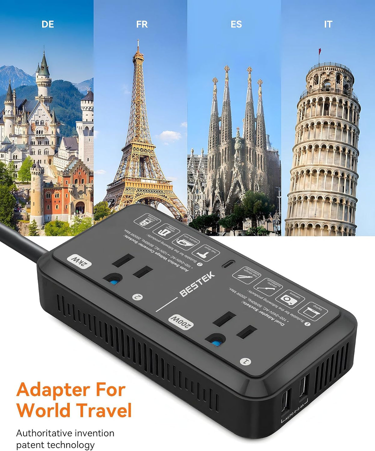 European Travel Plug Adapter 220V to 110V Voltage Converter US to Europe 2000W Travel Voltage Converter with 2 USB Ports for Hair Dryer/Curling Iron/Phone Travel Adapter for Europe Countries