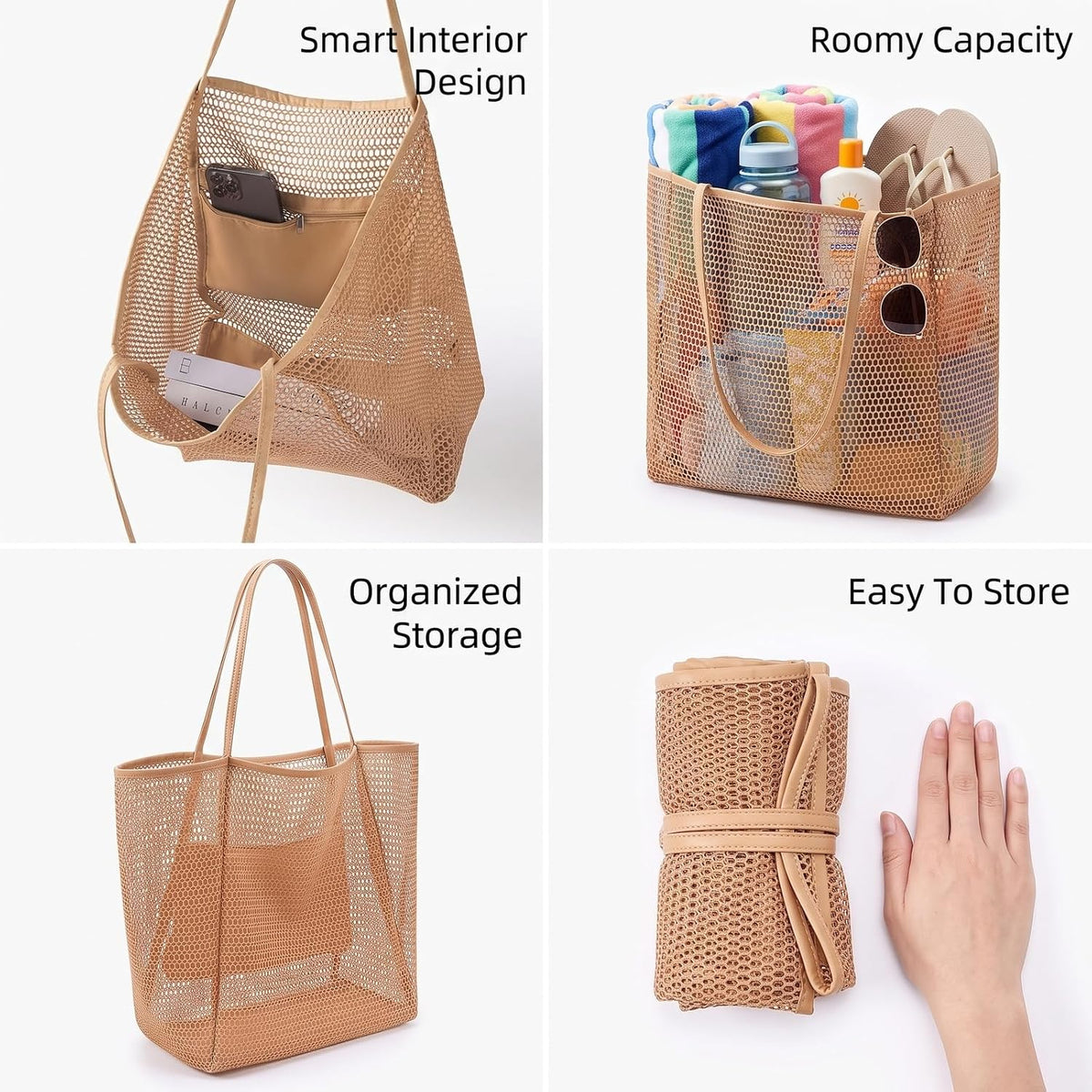 1 Pack Hollow Mesh Beach Tote Bag,Mesh Bag,Beach Bags For Women, Tote Bag For Women,Vacation Essentials