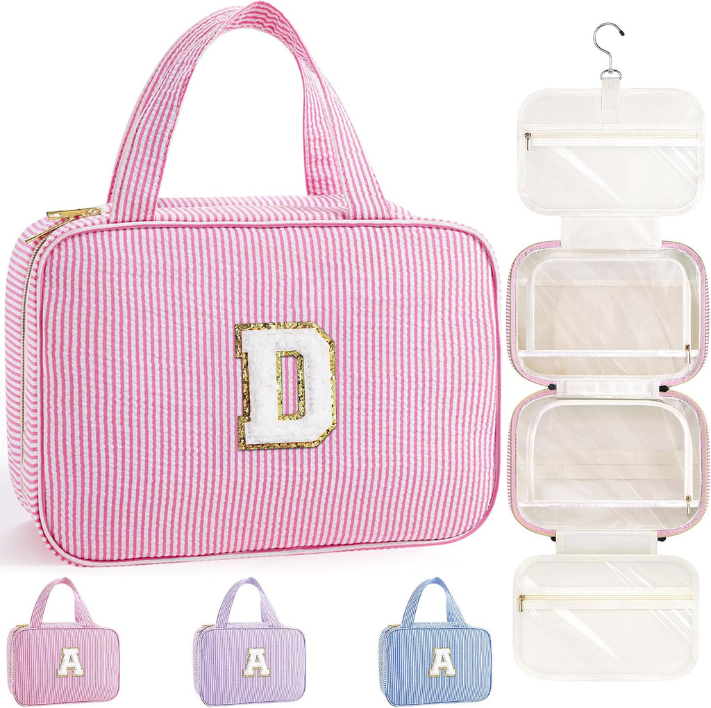 TOPEAST Travel Toiletry Bag for Women - Hanging Toiletry Bag, Large Capacity Personalized Makeup Pouch, Travel Essentials - Letter D, Pink