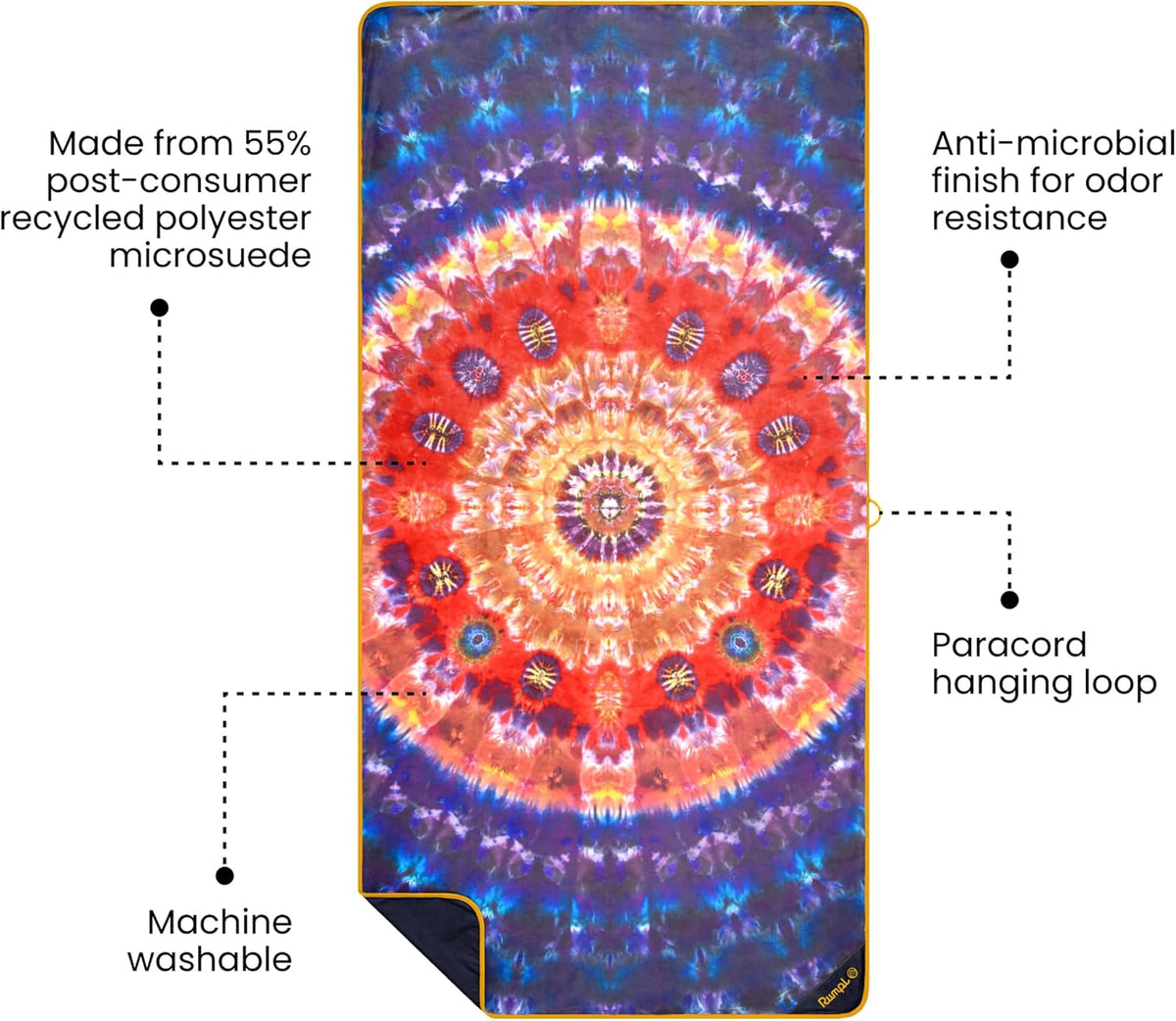 Rumpl Tech Towel, Quick-Dry for Travel, Beach, and Camp, Tapestry Tie Dye