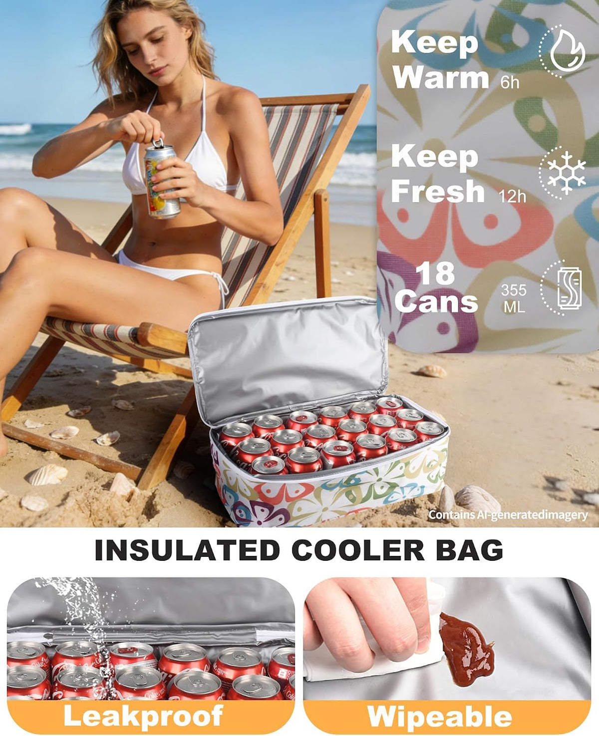 CaCTOUR Beach Bag with Cooler Compartment,Mesh Beach Bag Dry Wet Detachable with Zipper Pockets,Waterproof Sandproof Pool Bag