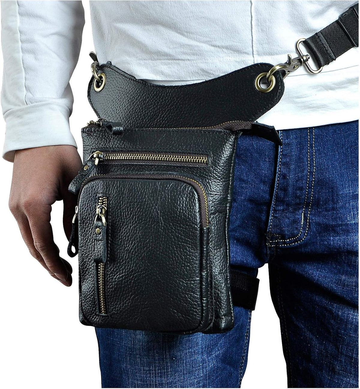 Le'aokuu Mens Genuine Leather Outdoor Sporting Hicking Waist Hip Pack Messenger Shoulder Drop Leg Thigh Bag Pouches For Women G1011 (G1011 Black)