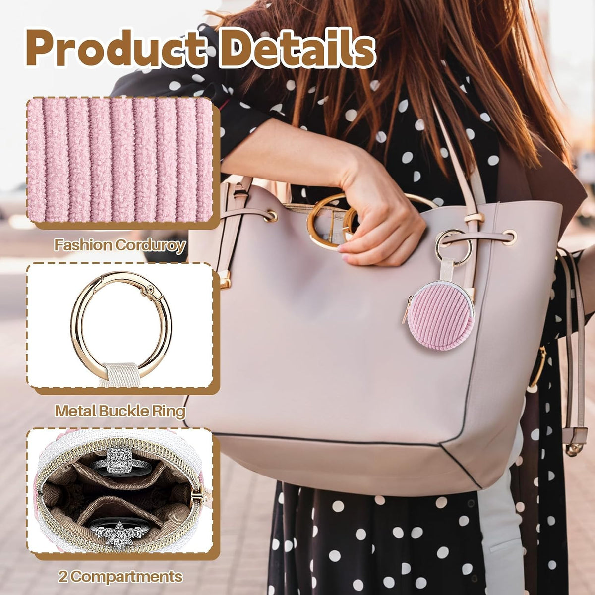 Jewelry Ring Holder Keychain, Portable Jewelry Holder Storage Box with Buckle, Corduroy Small Travel Ring Keeper Case for Rings, Earrings, Stud, Necklaces (Rose Red)