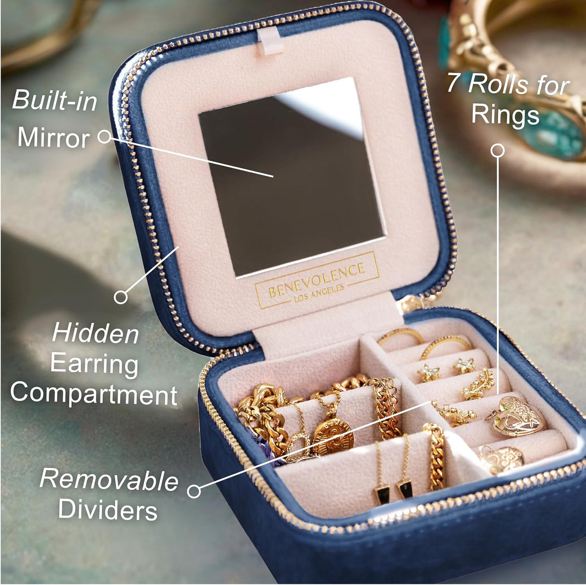Benevolence LA Featured in Oprah's Favorite Things Plush Velvet Travel Jewelry Box – Jewelry Organizer Case with Mirror – Birthday Gifts for Women – Navy Blue