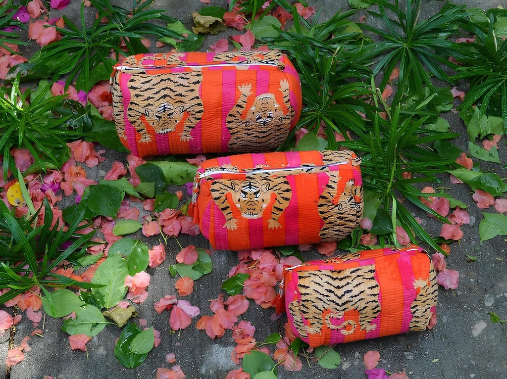 INDACORIFY Tiger Print Makeup Bag Set of 3 Pieces Indian Cotton Toiletry Bag Make up Pouch Travel Bag Quilted Wash Bag Shaving Cotton Cosmetic Kit