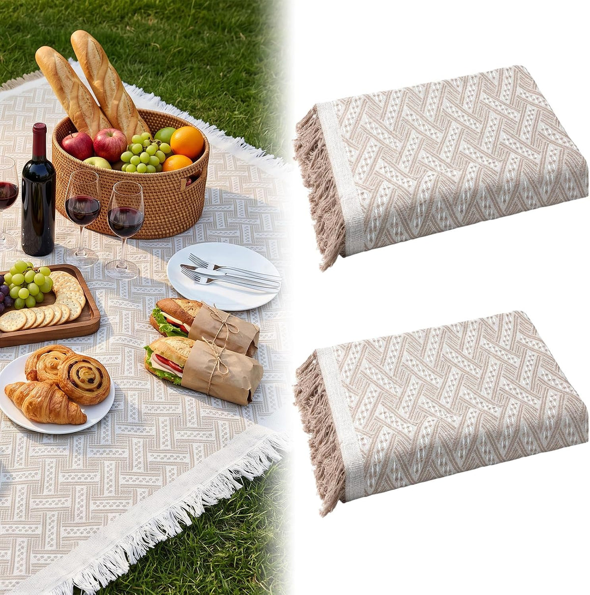 2 Pack White Coffee Extra Large Picnic Blanket, 71 x 91 Inches