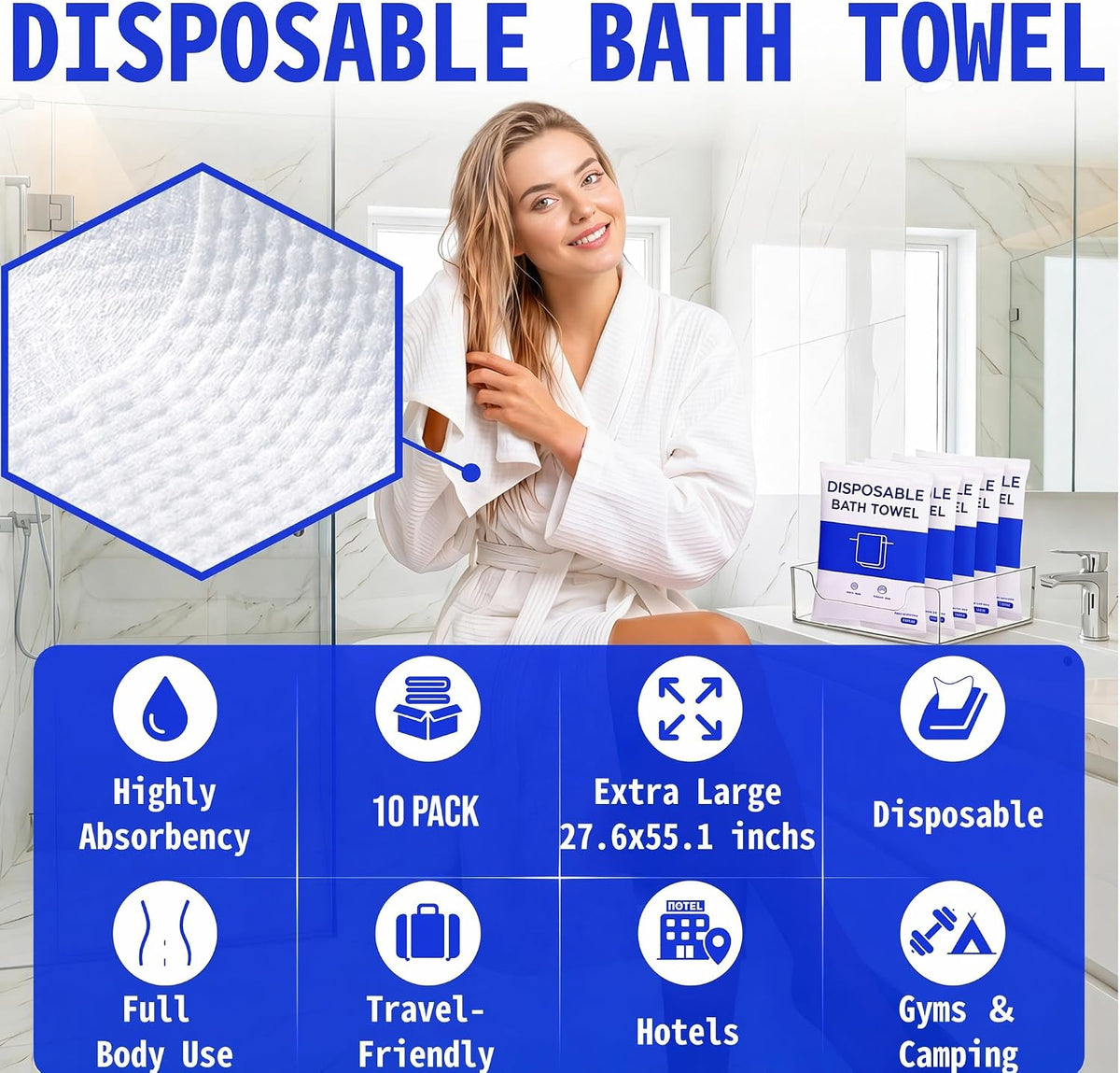 Extra Large Highly Absorbent Disposable Bath Towels for Travel – 10 Pack