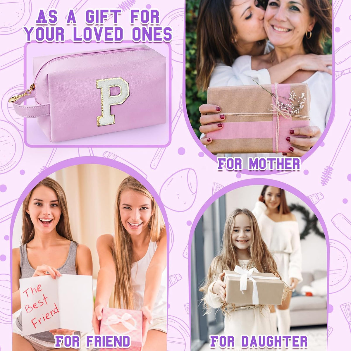 Personalized Initial Makeup Bag with Handle, Preppy Cosmetic Bag with Inner Zipper Pocket, 8 9 10 11 12 13 14 Years Old Girl, Graduation Gifts for Teen Girls Women Teachers (P, Purple)
