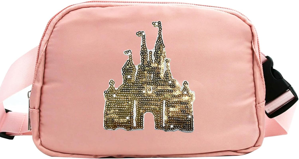 Magic Kingdom Sequin Belt Bag for Women Waterproof Waist Fanny Pack for Teen Girls Crossbody Bags for Traveling Jogging (pinkA)