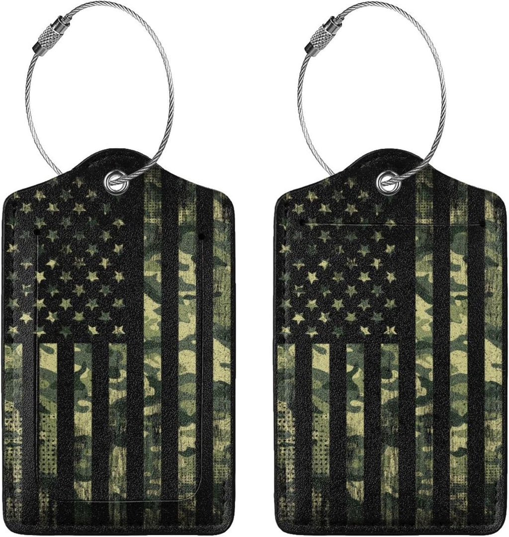 2 Pcs Camouflage American Flag Luggage Tag for Suitcase, 4th of July Decorations Camo US Flag Patriotic Decor Party Birthday Gifts Men Women, Identifiers Privacy Cover ID Label with Steel Loop