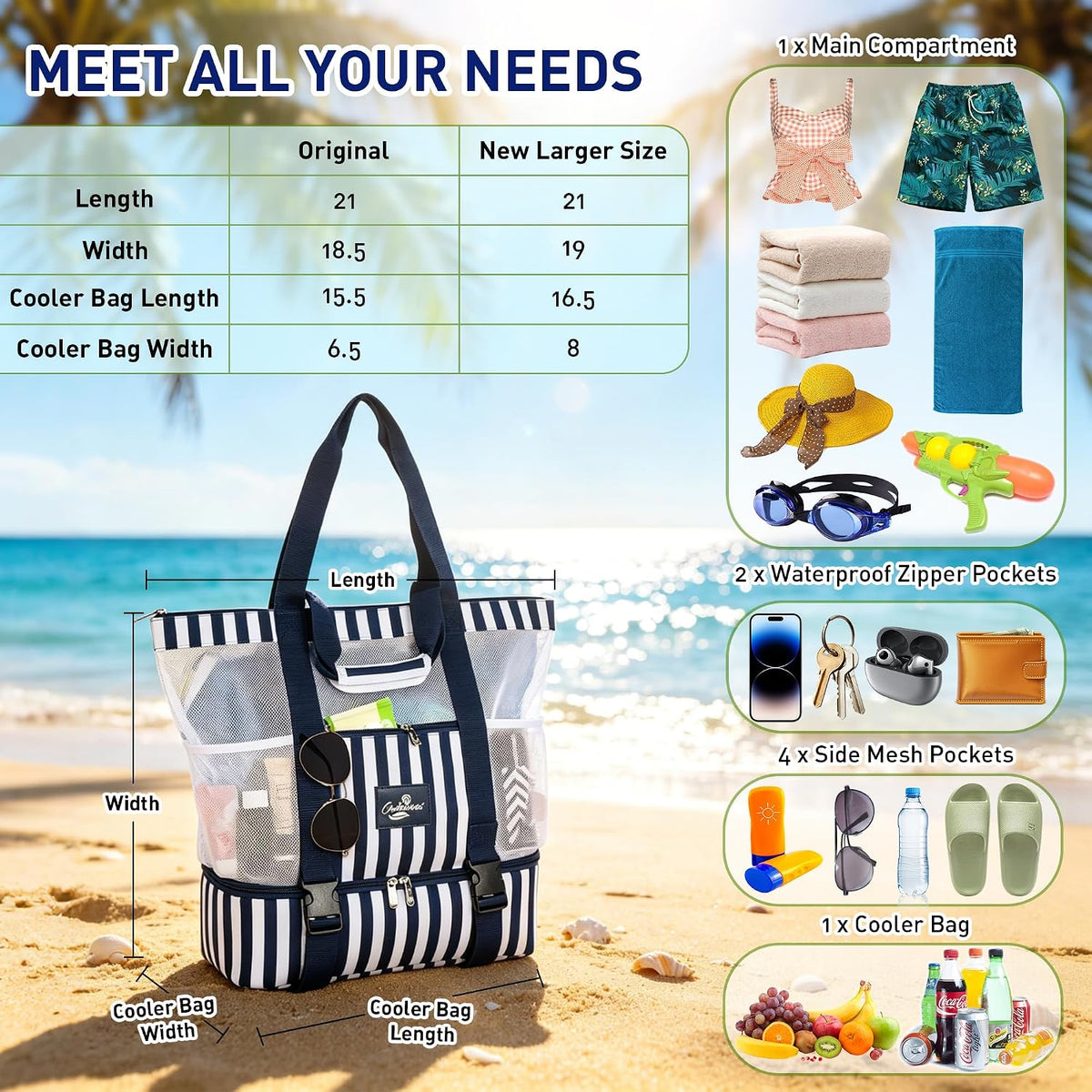 Catalonia Large Beach Tote Bag with Cooler Bag, Mesh Carryall for Women