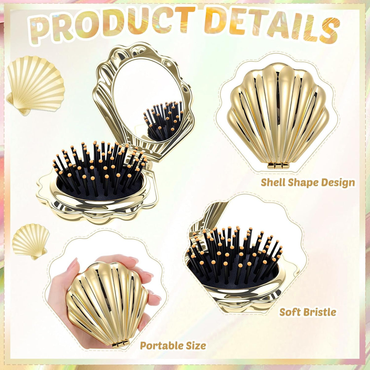 AceOrbit 6 Pcs Mermaid Party Favors Foldable Shell Hair Brush with Mirror Mini Travel Pocket Compact Hair Brush Makeup Comb for Women Girls Birthday Party Gifts(Gold)