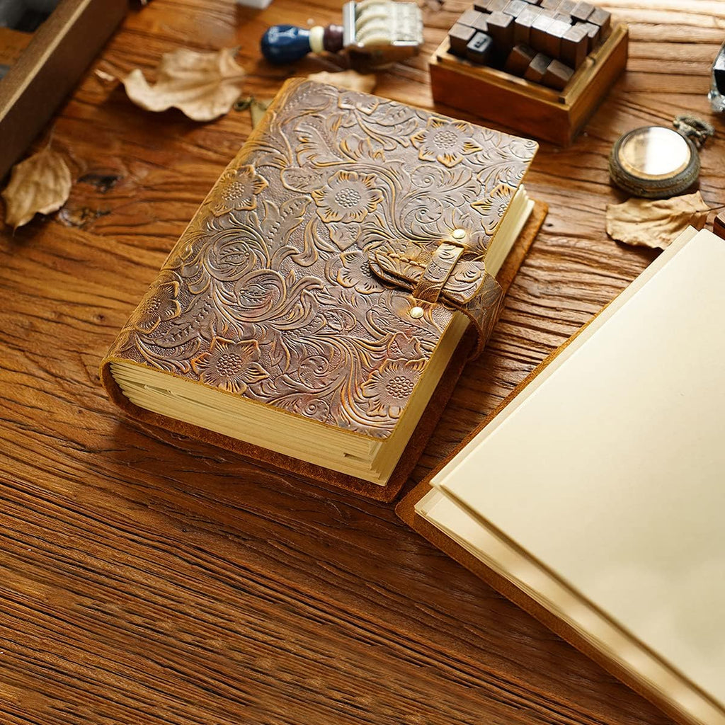 Acidea Leather Journal Notebook, 200 Sheets(400Pages) Kraft Paper Embossed Sketchbook, Genuine Leather Handmade Bound Travel Writing Journal Dairy, Gift for Men, Women (Vintage Brown, 7.5"x 5.5")
