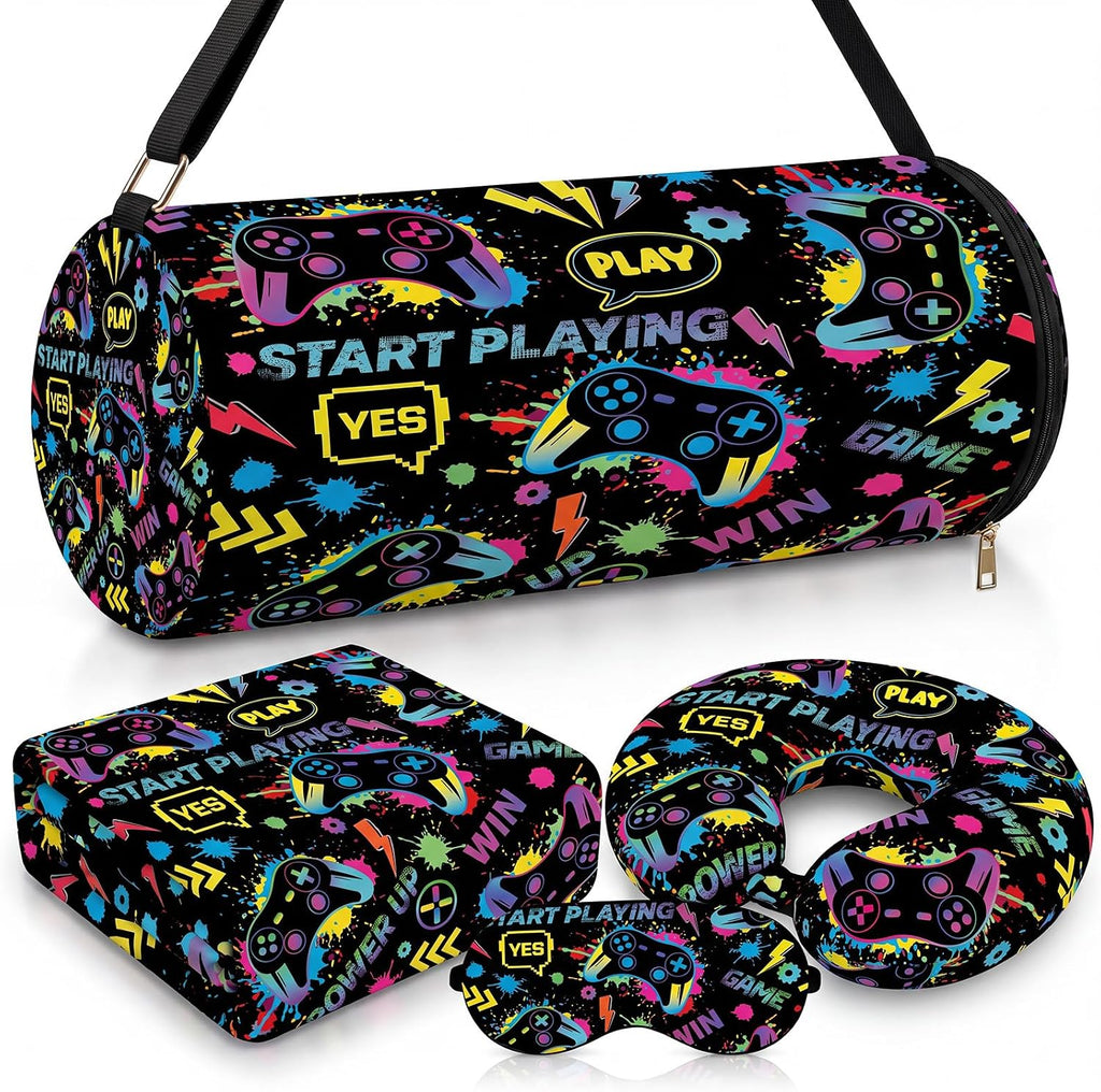 Moukeren 4 Pcs Video Game Travel Pillow and Blanket Set for Kids, Black