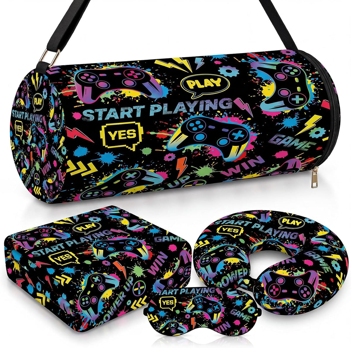 Moukeren 4 Pcs Video Game Travel Pillow and Blanket Set for Kids, Black