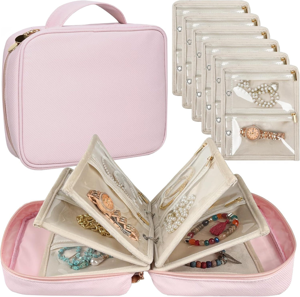 Travel Jewelry Organizer Case,Small Jewelry Bags for Traveling, Jewelry Binder with 24 Pcs Clear Zipper Velvet Pouches (Pink)
