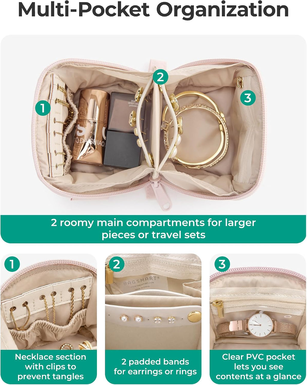 BAGSMART Mini Travel Jewelry Case, Puffy Organizer for Rings & Necklaces