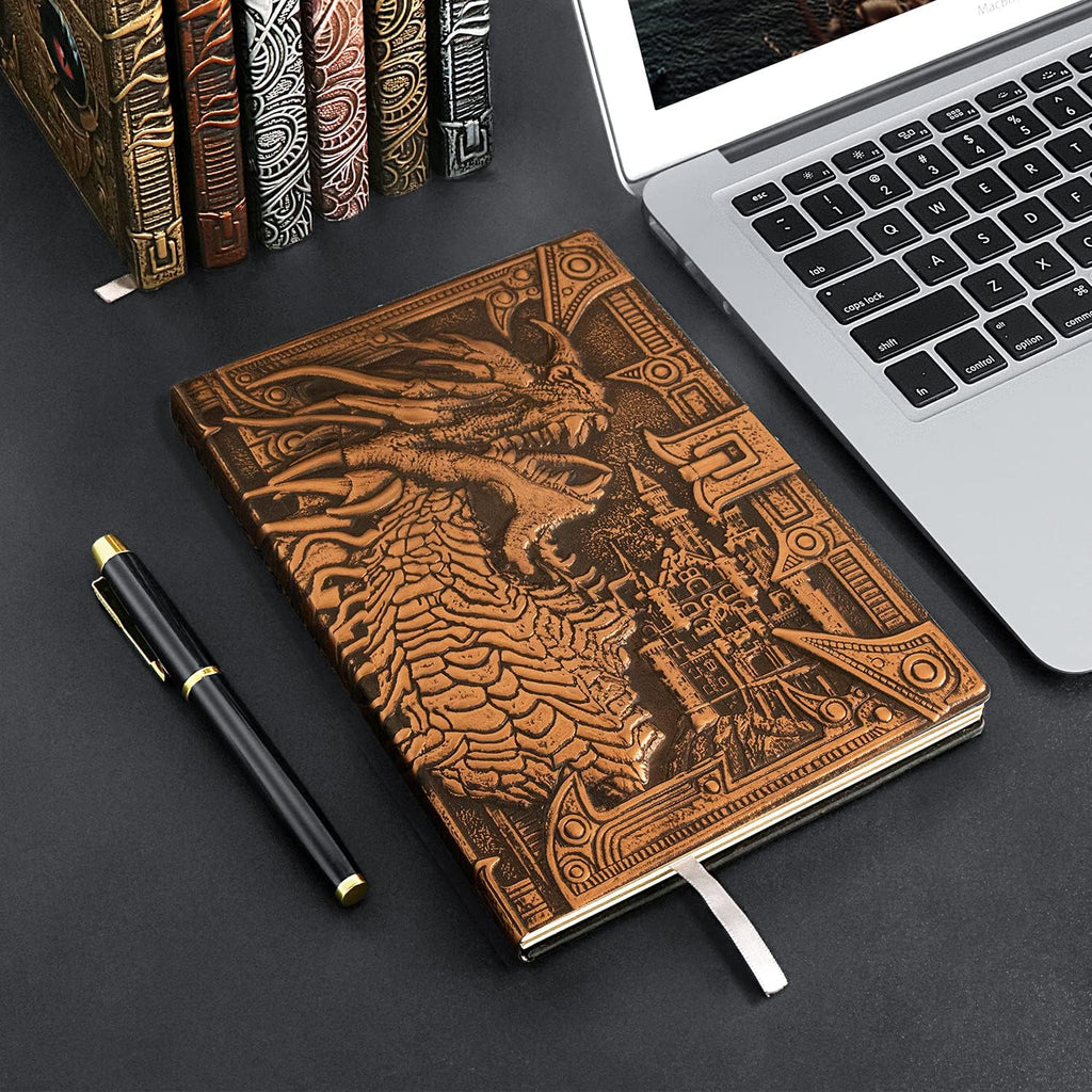 DND Dungeon and Dragon Notebook 3D Embossed Leather Dragon Journal with Black Ballpoint Pen &Pen Sleeve,A5 Vintage Travel Diary D&D Writing Notebook for Hardcover Journal Women&Men (Red Copper)