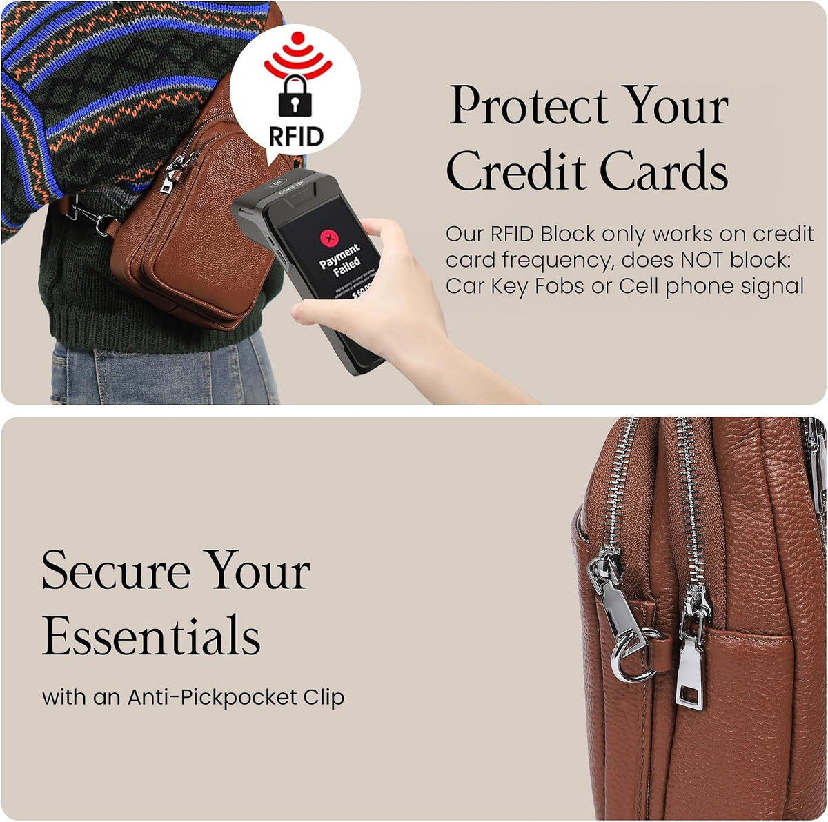 befen Genuine Leather Sling Bag for Women Anti-Theft Crossbody Chest Bags Fanny Packs for Travel with RFID Card Slots