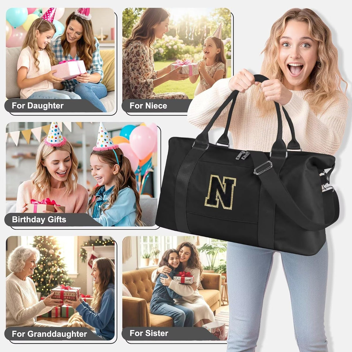 Dance Gym Duffel Bag for Teen Girls,Personalized Initial Travel Weekender Bag,Overnight Carry On Duffle for Women,Sports Travel Cheer Bag,Monogram Graduation Birthday Gifts for Tween Preppy(black-N)