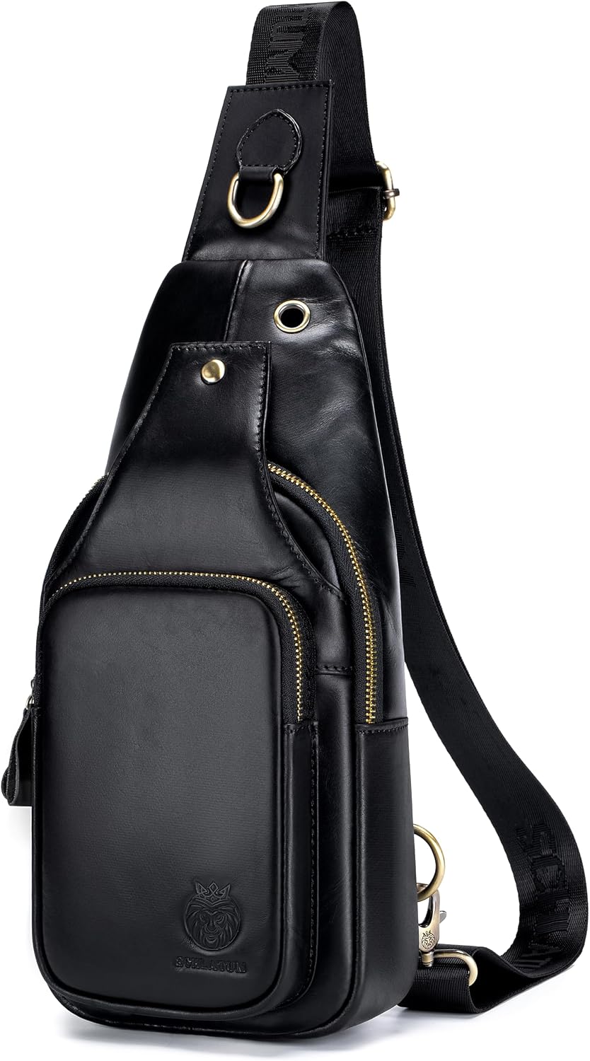 Mens Sling Bag Genuine Leather Crossbody Bags for Men Small Sling Chest Backpack Casual Man Bag Hiking Outdoor, Black