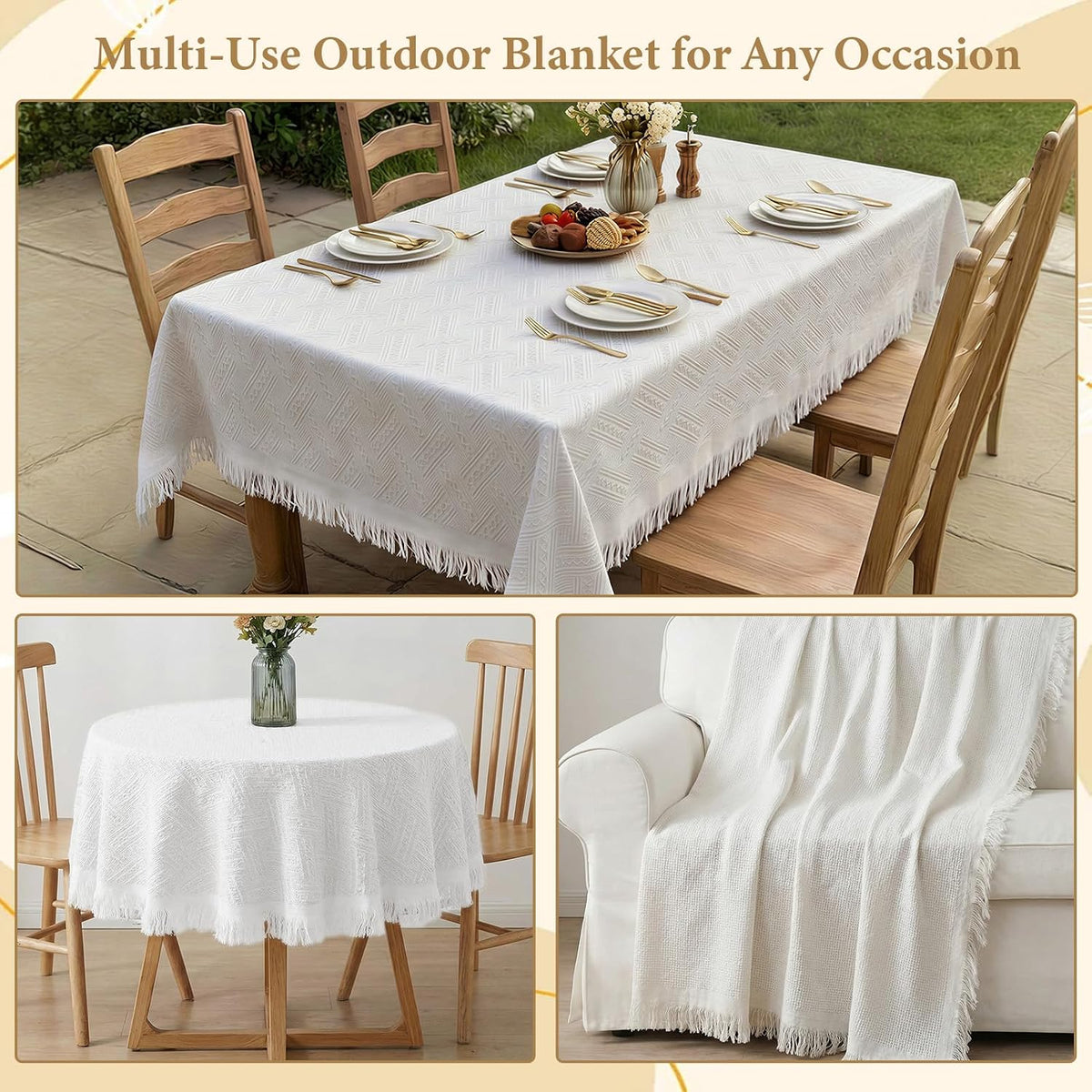 91 x 71 Inch Large White Picnic Blanket, Outdoor Picnic Blanket with Fringe, Soft Cotton Woven Blanket Picnic, Lightweight Foldable Blanket Picnic for Beach, Park, Camping (White Diamond Pattern)