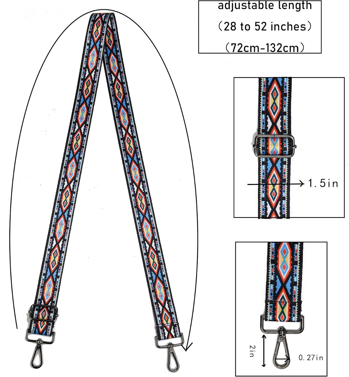 1.5" Wide Purse Strap Adjustable Replacement Gunmetal Hardware Long Crossbody Bag Strap for Thick Shoulder Bags Canvas Handbags Straps