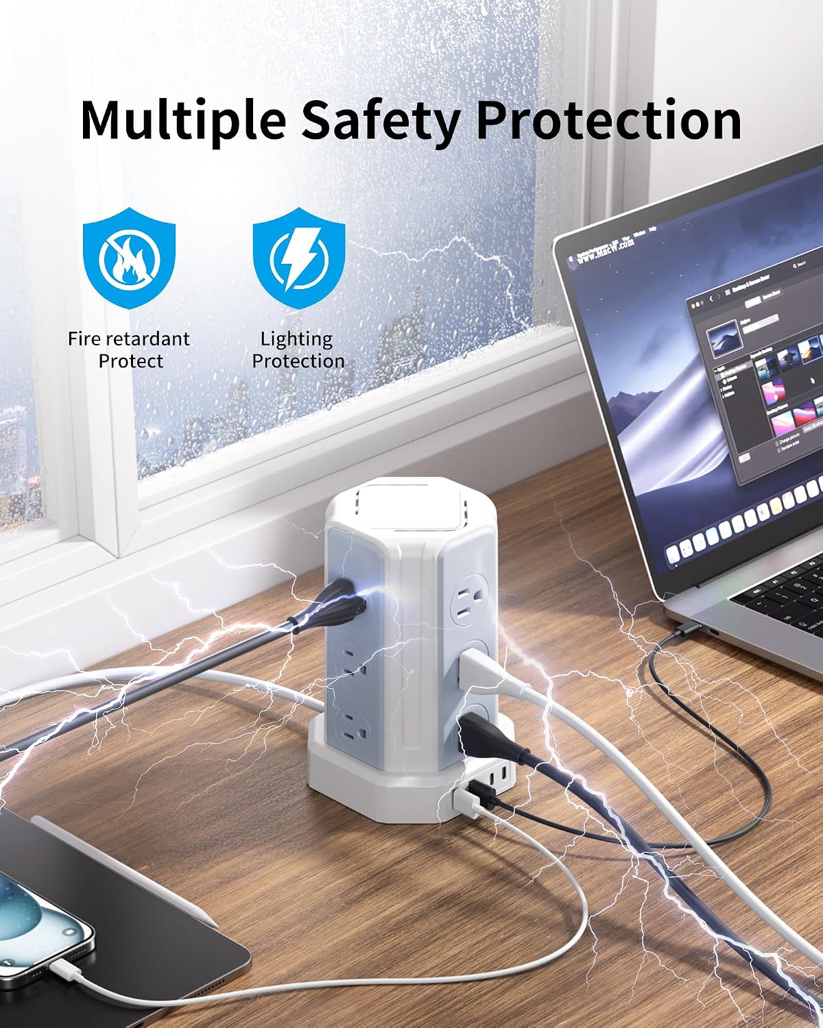 White Power Strip, 6.5 Ft Extension Cord with 12 AC Multiple Outlets 4 USB (2 USB C), SMALLRT Power Strip Tower Desktop Charging Station