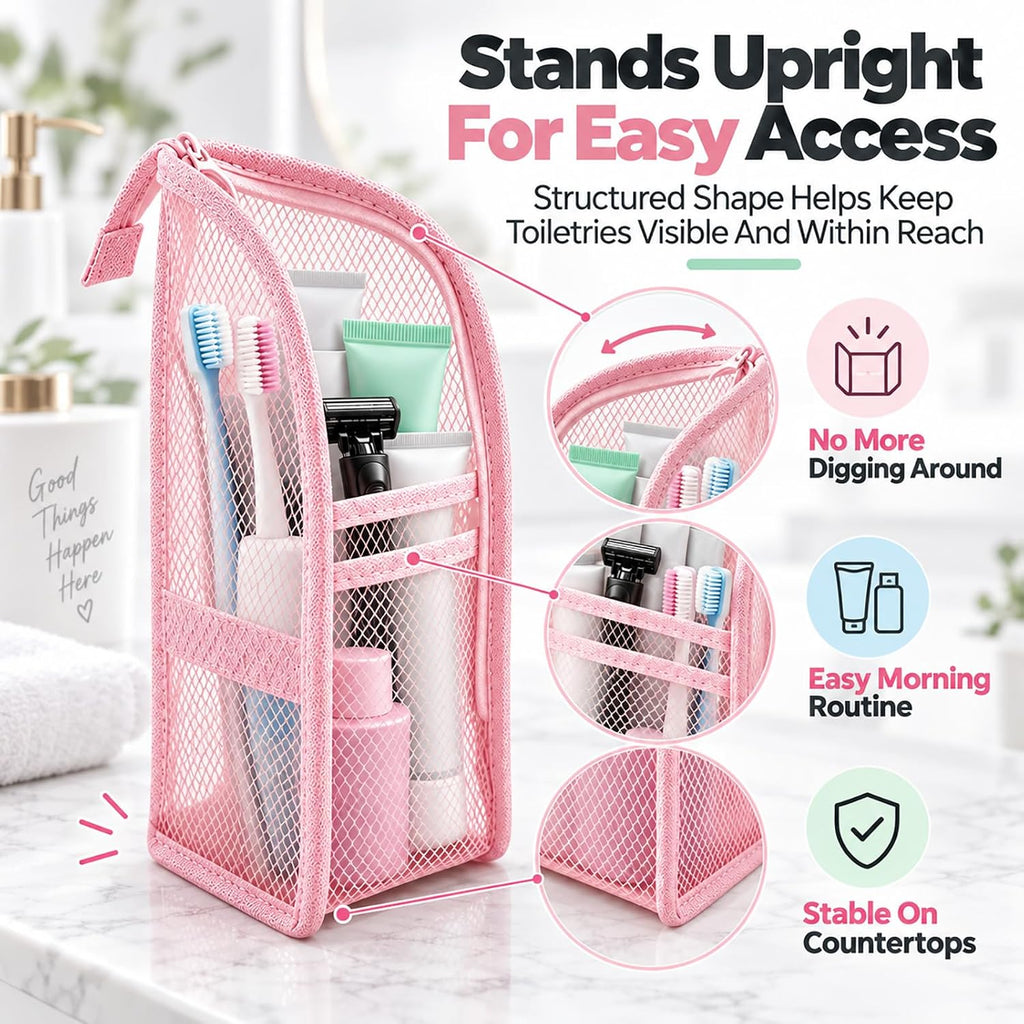 Travel Toiletry Bag Bathroom Organizer Mesh Zipper Standing Pouch Freestanding Waterproof Storage for Women Clear Makeup Small Hanging Toiletries Stand Shower Caddy Away Dust Proof Upright