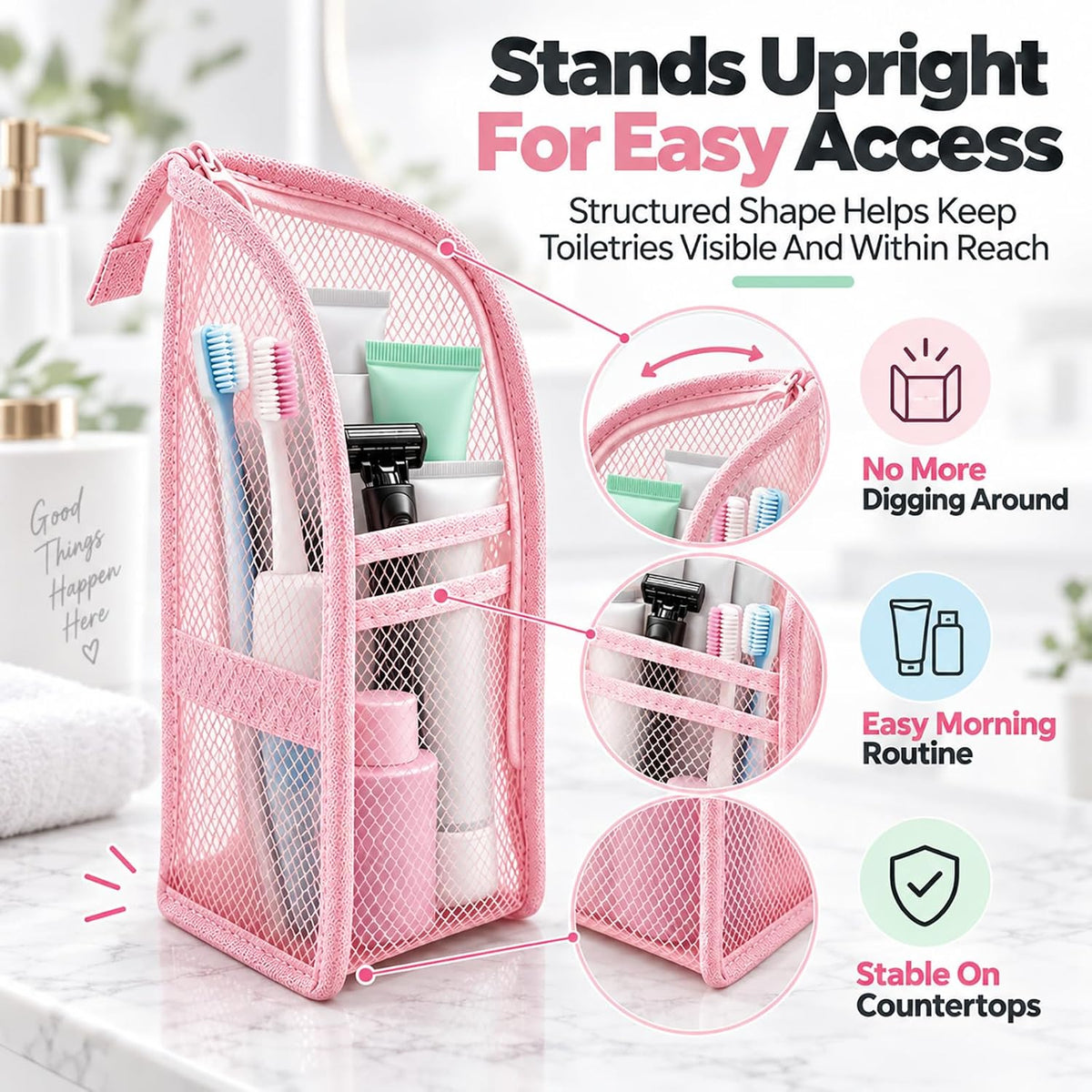 Travel Toiletry Bag Bathroom Organizer Mesh Zipper Standing Pouch Freestanding Waterproof Storage for Women Clear Makeup Small Hanging Toiletries Stand Shower Caddy Away Dust Proof Upright