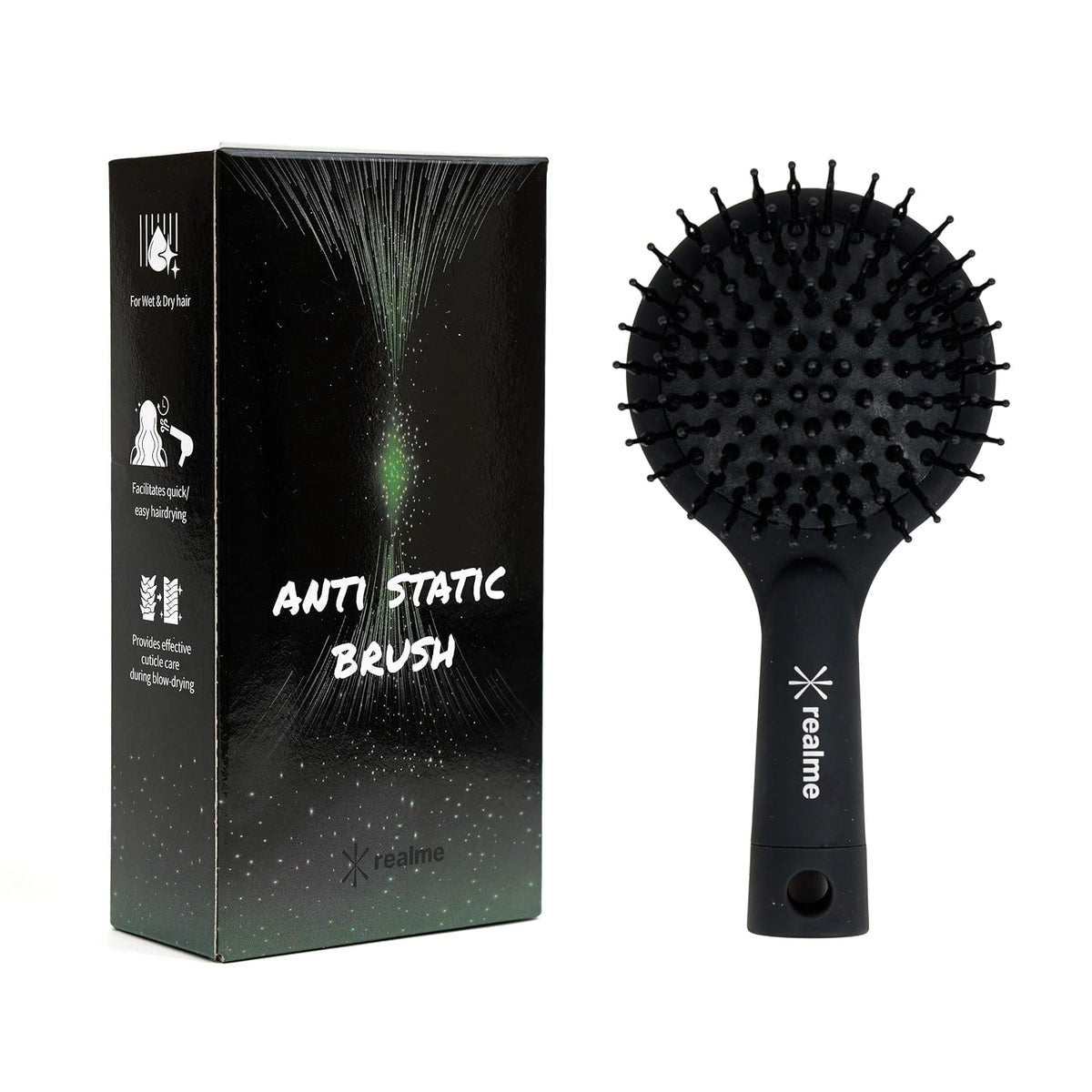 REALME Anti-Static Round Hair Brush with Pocket Mirror, Compact Travel Detangling Brush for Frizz Control, Flexible Bristles for Fine to Thick Hair, Made in Korea