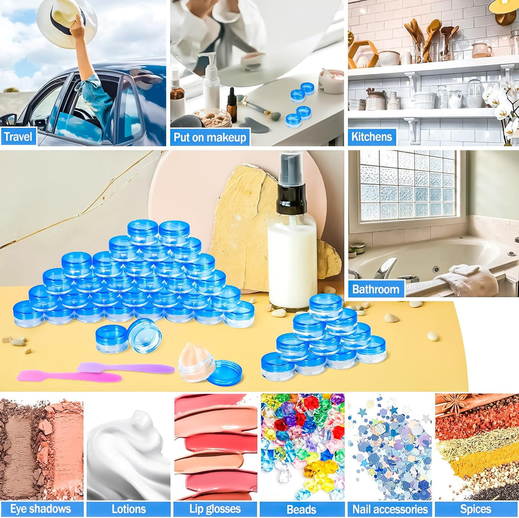 100 Pcs 5g Empty Plastic Containers with Blue Lids,Mini Makeup Sample Containers, Small Sample Pot Jars Round Cosmetic Jars with Mini Spatulas for Liquid Sample Powder Creams Lotions