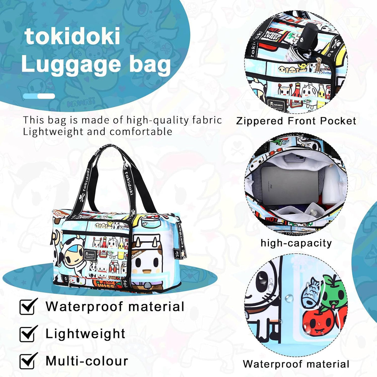 Tokidoki Unicorno Foldable Duffle Bag for Travel, 40L Expandable Weekender Bags with Trolley Sleeve Overnight Bags for Travelling (Blue)
